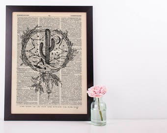 Western Cactus Skull Dreamcatcher Dictionary Art Print Vintage Plant Hipster