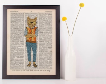Cat in a Vest Dictionary Art Print Wall Vintage Picture Animal In Clothes
