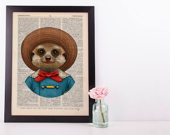 Meerkat in a hat Dictionary Art Print Animals Clothes Anthropomorphic