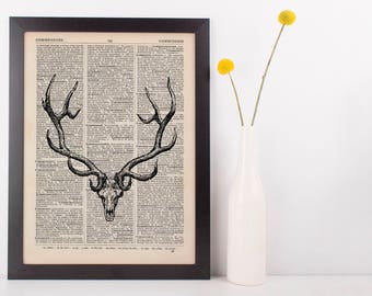 Large Antler Deer Skull Illustration Dictionary Art Print Vintage Hipster Antique