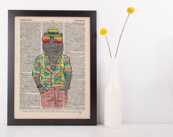 Summer Hippo Dictionary Wall Picture Art Print Vintage Animal In Clothes