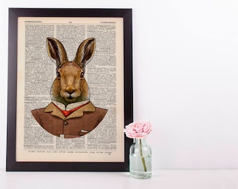 Hare In a Jacket Dictionary Art Print Animals Clothes Anthropomorphic