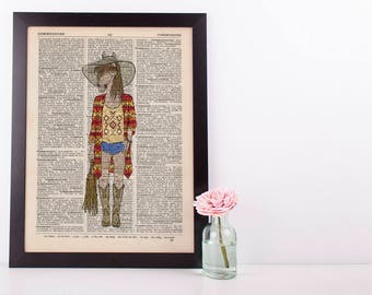 Boho Horse Dictionary Art Print Wall Vintage Picture Animal in Clothes