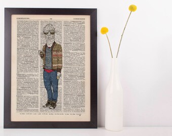 Alpaca In a Cardigan Dictionary Art Print Wall Vintage Picture Animal in Clothes