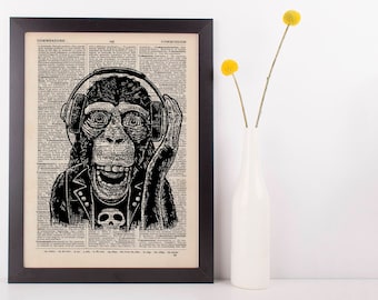 Rocker Monkey Dictionary Art Print Animals Clothes Anthropomorphic Funny