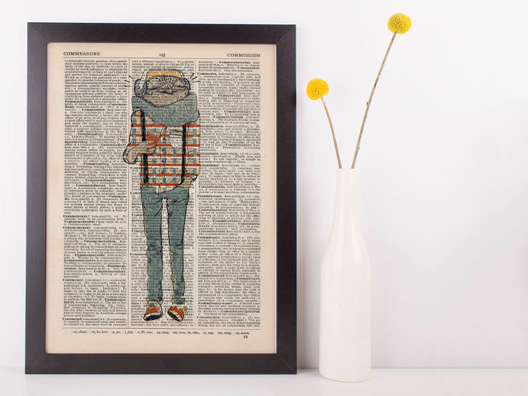 Owl in Scarf Dictionary Art Print Animals Anthropomorphic Clothes Dressed Hip Etsy
