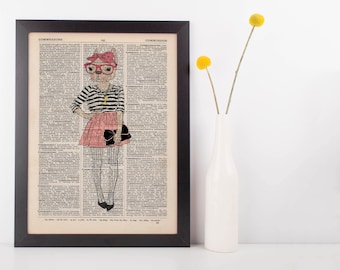 Pink bow Cat Dictionary Wall Picture Art Print Vintage Animal In Clothes