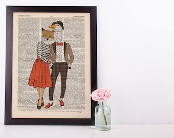 Fox and Goose Dictionary Wall Decor Art Print Vintage Animal In Clothes Mr & Mrs