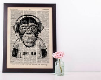 Don't Hear Monkey Dictionary Art Print Set Animals Clothes Anthropomorphic Human