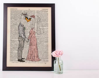 Swans Couple Wedding Dictionary Art Print Vintage Animal In Clothes Mr & Mrs