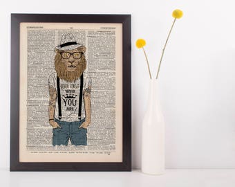 Lion Tattooed Print Dictionary Wall Picture Art Print Vintage Animal Clothes