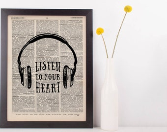 Listen to Your Heart Headphones Love Quote Dictionary Print