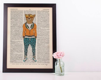 Cheetah in Leopard  Dictionary Art Print Wall Vintage Picture Animal In Clothes