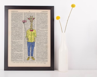 Selfie Giraffe Dictionary Wall Picture Art Print Vintage Animal In Clothes