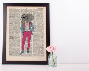 Elephant Gentleman Dictionary Art Print Wall Picture Vintage Animal in Clothes