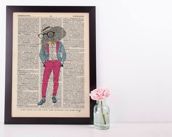 Elephant Gentleman Dictionary Art Print Wall Picture Vintage Animal in Clothes