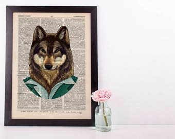 Wolf in a green suit Dictionary Art Print Animals Clothes Anthropomorphic