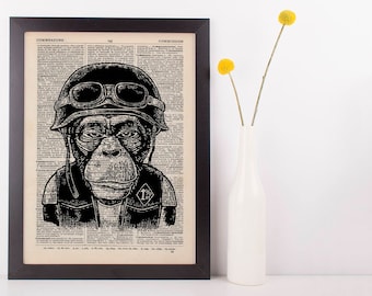 Motorbike Monkey Dictionary Art Print Animals Clothes Anthropomorphic Biker Fun