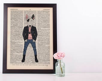 Bull Terrier In jeans Dictionary Art Print Wall Vintage Picture Animal Clothes