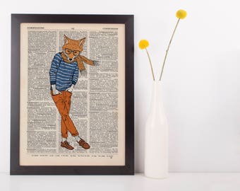 Fox Boy In A Scarf Dictionary Art Print Vintage Animal in Clothes