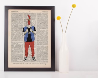 Rocking Rooster Dictionary Wall Picture Art Print Vintage Animal In Clothes