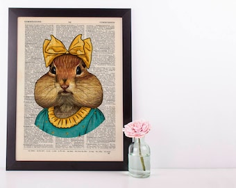 Chipmunk with a bow Dictionary Art Print Animals Clothes Anthropomorphic