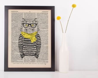 Grumpy Cat Stripes Dictionary Art Print Wall Picture Vintage Animal in Clothes