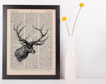 Side View Stag Dictionary Illustration Art Print Vintage Hipster Steampunk