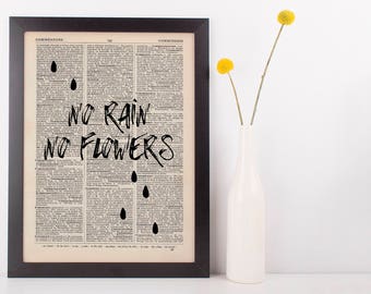 No Rain No Flowers Dictionary Art Print, Vintage Inspirational Quote