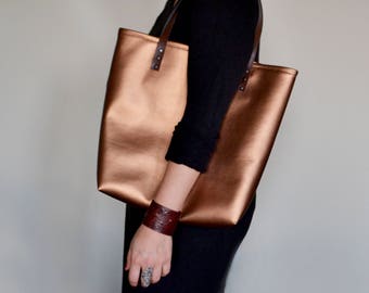 Bronze Metallic Tote with Vegan Leather Handles, Tropical Colorful Interior Lining