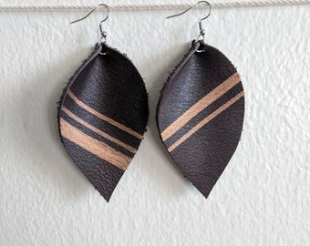 Brown Leather Scrap Earrings with Gold Diagonal Stripes