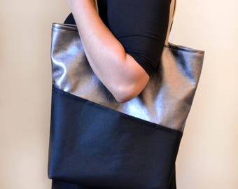 Flashy Silver and Black Faux Vegan Leather and Waterproof Canvas Tote Bag with Diagonal Hidden Pocket and Maroon Silk Interior