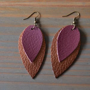 Bronze and Maroon Layered Teardrop Scrap Vegan Leather Earrings