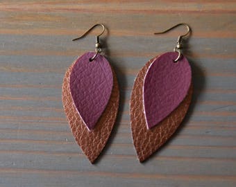 Bronze and Maroon Layered Teardrop Scrap Vegan Leather Earrings