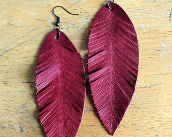 Brown Leather Feather Scrap Earrings