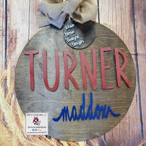 Stained baby door hanger, circle baby door hanger, nursery decor, hospital birth announcement, custom baby door hanger,  hospital door hang