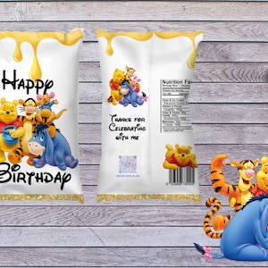May include: A white Winnie the Pooh themed treat bag with a yellow honey drip design. The bag features a group of Winnie the Pooh characters including Winnie the Pooh, Tigger, Piglet, and Eeyore. The text "Happy Birthday" is printed on the front of the bag.