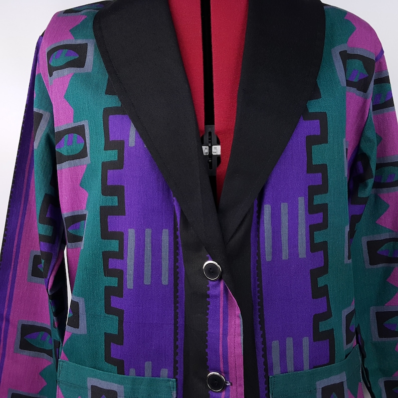 Vintage Oversize Blazer 80s Boyfriend Geometric Bright Purple Blue Black