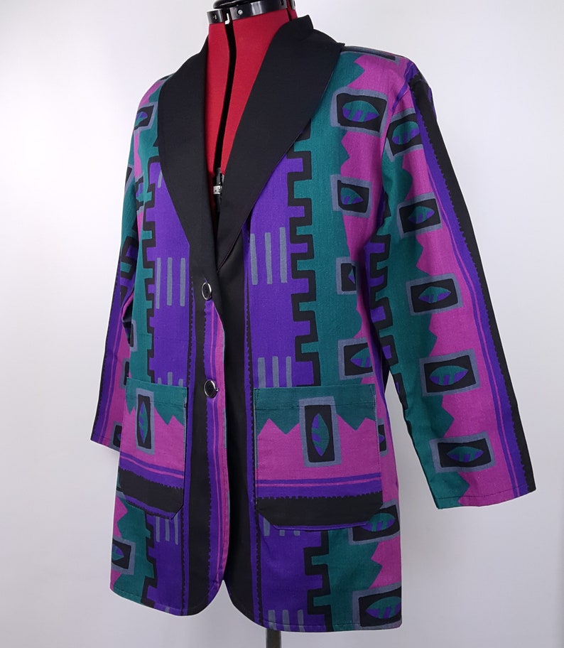 Vintage Oversize Blazer 80s Boyfriend Geometric Bright Purple Blue Black