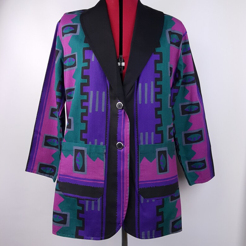 Vintage Oversize Blazer 80s Boyfriend Geometric Bright Purple Blue Black