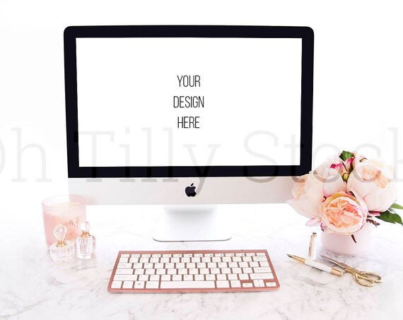 Styled Stock Imac Mockup W Pink Details On Marble