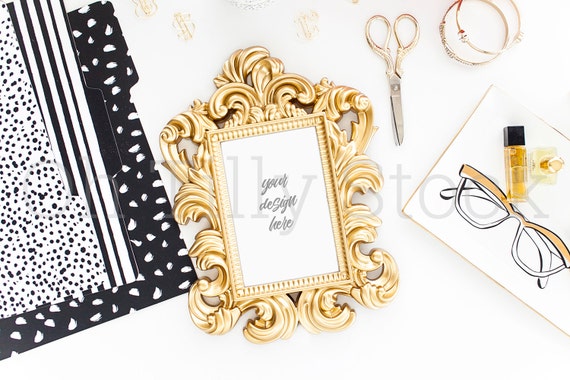 Styled Stock Photo Flat Lay Gold Frame Mockup