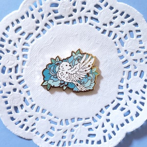 Snowy Peony Chickadee Hard Enamel Pin from the Floral Spirits series
