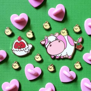 Farm Friends Hard Enamel Pins, Strawberry Cow, Chicken, and Baby Chicks