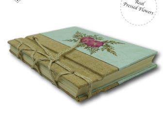 Real Pressed Flower Turquoise Journal with pink larkspur by MyPapermake