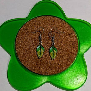 Handmade green or rainbow leaf dangle earrings