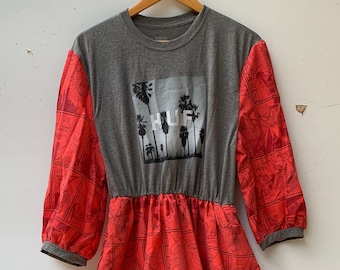 Womens Upcycled Handmade Huf Spiderman Print Handmade Puff Short Sleeve T-Shirt Summer Dress - one size