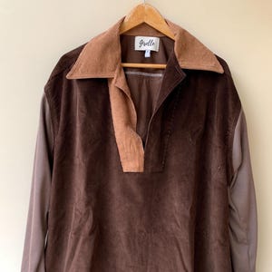 Handmade Upcycled Men&#39;s Collared Vintage Brown Corduroy Long Sleeve Shirt Polo Top Size XL