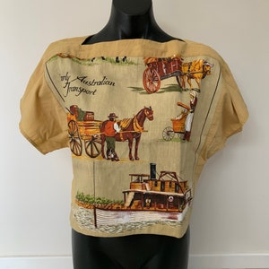 Early Australian Transport Handmade Upcycled Repurposed Women&#39;s Short Sleeve Tea Towel Cropped Blouse Top Size M - L