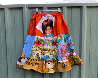 Handmade Upcycled Girls Vintage Tiered Tea Towel Skirt Size 6 Colourful Unique